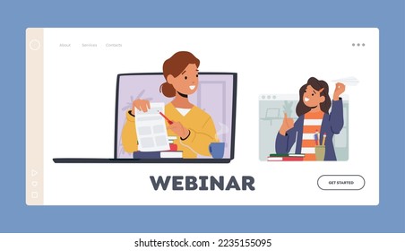 Webinar Landing Page Template. New Normal Of School. Children Studying Online At Home Chatting With Classmate Via Video Conference On Pc in Virtual Class. Cartoon People Vector Illustration