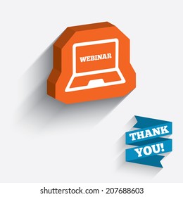 Webinar laptop sign icon. Notebook Web study symbol. Website e-learning navigation. White icon on orange 3D piece of wall. Carved in stone with long flat shadow. Vector