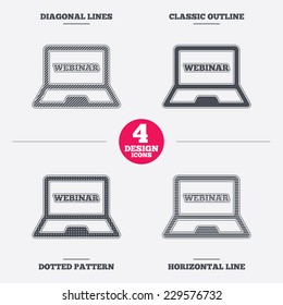 Webinar laptop sign icon. Notebook Web study symbol. Website e-learning navigation. Diagonal and horizontal lines, classic outline, dotted texture. Pattern design icons.  Vector