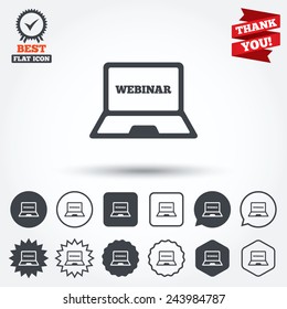 Webinar laptop sign icon. Notebook Web study symbol. Website e-learning navigation. Circle, star, speech bubble and square buttons. Award medal with check mark. Thank you. Vector