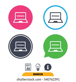 Webinar laptop sign icon. Notebook Web study symbol. Website e-learning navigation. Report document, information sign and light bulb icons. Vector