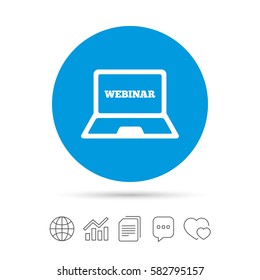 Webinar laptop sign icon. Notebook Web study symbol. Website e-learning navigation. Copy files, chat speech bubble and chart web icons. Vector
