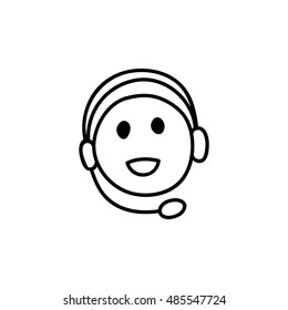 Webinar line icon, black and white. Symbol of happy listening person with headphones. Smiling face