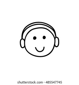 Webinar line icon, black and white. Symbol of happy listening person with headphones. Smiling face