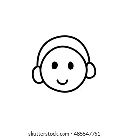 Webinar line icon, black and white. Symbol of happy listening person with headphones. Smiling face