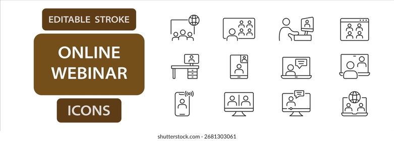 Iconos de línea de seminario web. Conjunto de Vectores de trazo editable para reuniones en línea y educación.