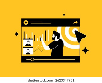 Webinar marketing helps attract and educate customers through engaging online seminars. Online webinar promotion, audience interaction and marketing growth strategy. Vector illustration and icons