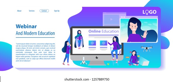 Webinar and modern education. Modern flat design with little characters. Landing page template.