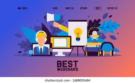 Webinar multicasting, business professional broadcast, flat vector illustration. Landing page, online education, internet. Contact, about us, home, options, info button Website design template