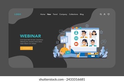 Webinar night or dark mode web or landing page. Engaged online audience and interactive digital learning. Virtual business education and communication. Flat vector illustration.