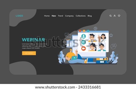 Webinar night or dark mode web or landing page. Engaged online audience and interactive digital learning. Virtual business education and communication. Flat vector illustration.