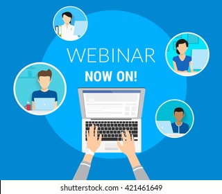 Webinar now on concept illustration of human hands typing on the laptop to unit various people on the free webinar. Flat design of faceless guys and young women participating in free conference