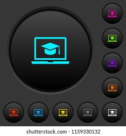Webinar on laptop dark push buttons with vivid color icons on dark grey background