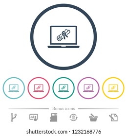 Webinar on laptop flat color icons in round outlines. 6 bonus icons included.