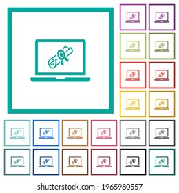 Webinar on laptop flat color icons with quadrant frames on white background