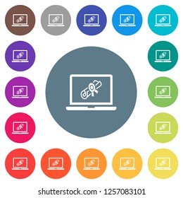 Webinar on laptop flat white icons on round color backgrounds. 17 background color variations are included.