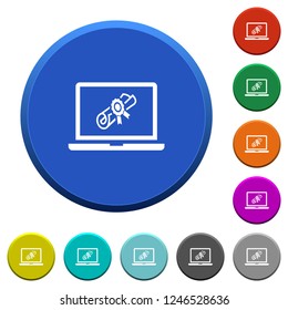 Webinar on laptop round color beveled buttons with smooth surfaces and flat white icons