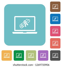 Webinar on laptop white flat icons on color rounded square backgrounds
