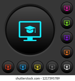 Webinar on monitor dark push buttons with vivid color icons on dark grey background