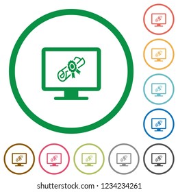 Webinar on monitor flat color icons in round outlines on white background