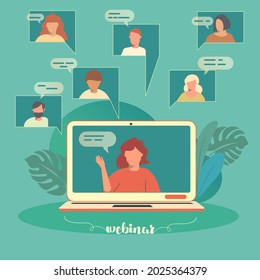 Seminario web en una computadora remota. Empleados que están estudiando o reuniéndose en línea. Iconos planos de personas en la pantalla del ordenador portátil.