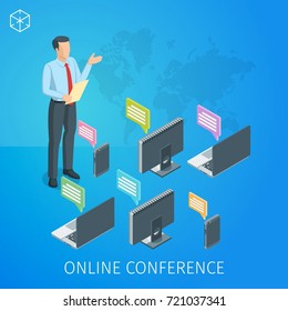 Webinar online banner. The man answers questions of users. Isometric concept. Highly detailed illustration