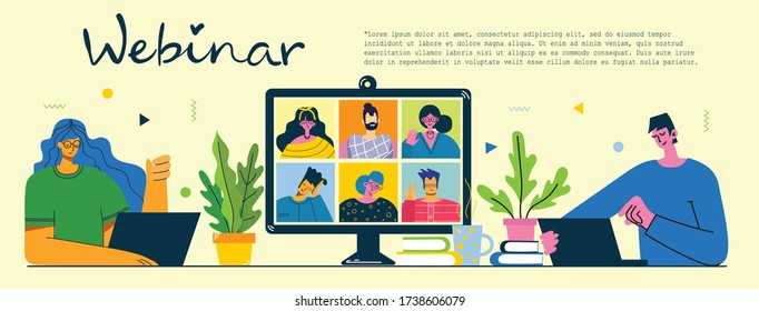 Webinar online business solution. People use video chat on desktop and laptop to make conference. Flat modern vector illustration. 