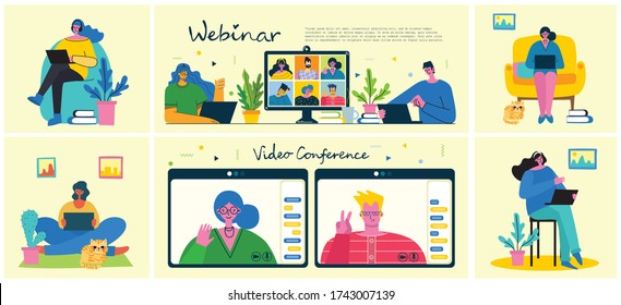 Webinar online business solution. People use video chat on desktop and laptop to make conference. Set of people business activity. Work remotely from home. Flat modern vector illustration. 