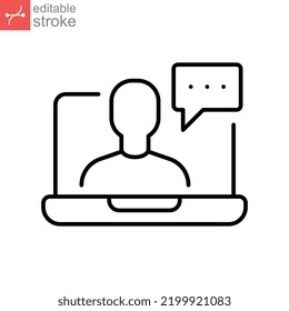 Webinar Online Class Line Icon. Monitor Screen, User Chat Discussion For Consulting Virtual Classroom On Streaming In Web Or App. Editable Stroke Vector Illustration Design On White Background EPS 10