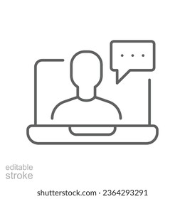 Icono de línea de clase en línea de seminario web. Monitorear pantalla, discusión de chat de usuarios para consultar aula virtual en streaming en web o aplicación. Ilustración del vector de trazo editable Diseño del fondo blanco EPS 10