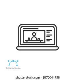 Webinar online class outline icon.   Online meeting education. Virtual learning course. Teacher talking on  class streaming player. Editable stroke vector illustration Design on white background EPS10