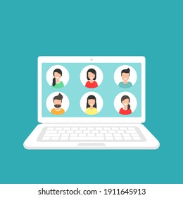 Webinar, online class, remote team work concept. Learn and study via teleconference or video course. People avatars on computer screen. Vector flat illustration