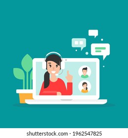 Webinar, online class, remote team work concept. Learn and study via teleconference or video course. People avatars on computer screen. Vector flat illustration