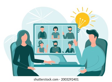 Webinar online communication Remote meeting on the Internet Man and woman in front of a computer screen during a group chat Concept vector illustration