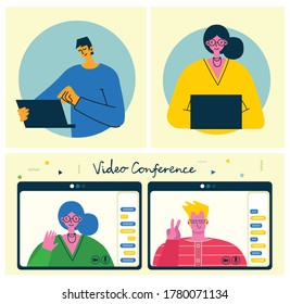 Webinar online concept illustration. People use video chat on desktop and laptop to make conference. Set of people business activity. Work remotely from home. Flat modern vector illustration.