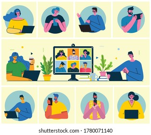 Webinar online concept illustration. People use video chat on desktop and laptop to make conference. Set of people business activity. Work remotely from home. Flat modern vector illustration.