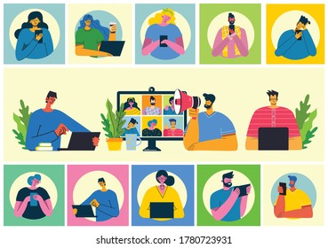 Webinar online concept illustration. People use video chat on desktop and laptop to make conference. Set of people business activity. Work remotely from home. Flat modern vector illustration.