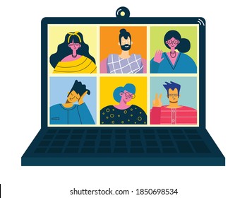 Webinar online concept illustration. People use video chat on desktop and laptop to make conference. Set of people business activity. Work remotely from home. Flat modern vector illustration.