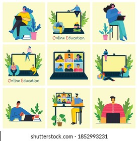 Webinar online concept illustration. People use video chat on desktop and laptop to make conference. Set of people business activity. Work remotely from home. Flat modern vector illustration.