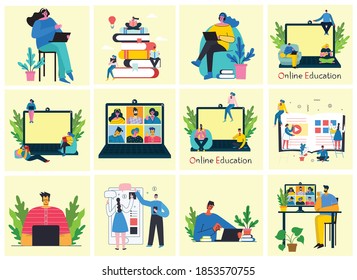 Webinar online concept illustration. People use video chat on desktop and laptop to make conference. Set of people business activity. Work remotely from home. Flat modern vector illustration.