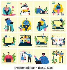 Webinar online concept illustration. People use video chat on desktop and laptop to make conference. Set of people business activity. Work remotely from home. Flat modern vector illustration.