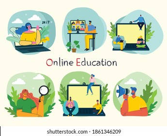 Webinar online concept illustration. People use video chat on desktop and laptop to make conference. Set of people business activity. Work remotely from home. Flat modern vector illustration.