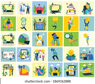 Webinar online concept illustration. People use video chat on desktop and laptop to make conference. Set of people business activity. Work remotely from home. Flat modern vector illustration.