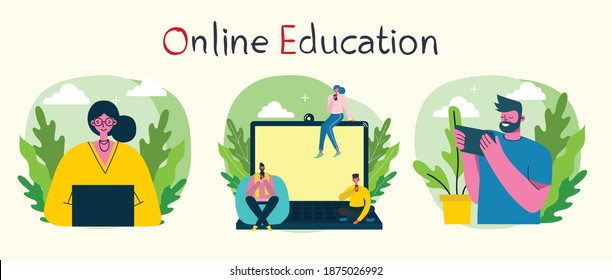 Webinar online concept illustration. People use video chat on desktop and laptop to make conference. Set of people business activity. Work remotely from home. Flat modern vector illustration.