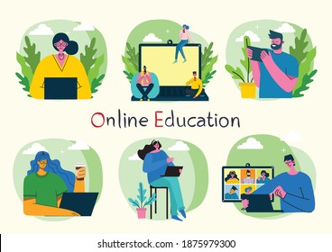 Webinar online concept illustration. People use video chat on desktop and laptop to make conference. Set of people business activity. Work remotely from home. Flat modern vector illustration.