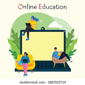 Webinar online concept illustration. People use video chat on desktop and laptop to make conference. Set of people business activity. Work remotely from home. Flat modern vector illustration.