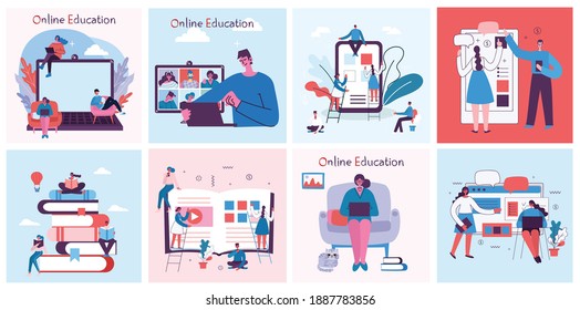 Webinar online concept illustration. People use video chat on desktop and laptop to make conference. Set of people business activity. Work remotely from home. Flat modern vector illustration.