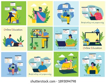 Webinar online concept illustration. People use video chat on desktop and laptop to make conference. Set of people business activity. Work remotely from home. Flat modern vector illustration.