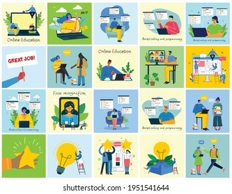 Webinar online concept illustration. People use video chat on desktop and laptop to make conference. Set of people business activity. Work remotely from home. Flat modern vector illustration.