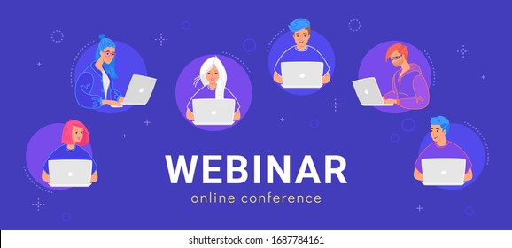 Webinar online conference. Concept flat vector illustration of young various teenagers using laptop for remote learning and working online. Group of young people staying at home and working remotely